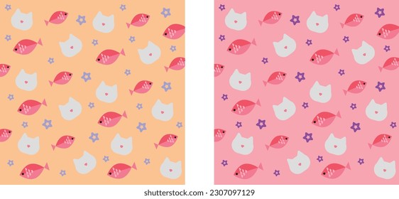 Amazing seamless cat and fish pattern with bright colorful, flowers and leaves on a light pink and orange background. The elegant the template for fashion prints. Modern background. 