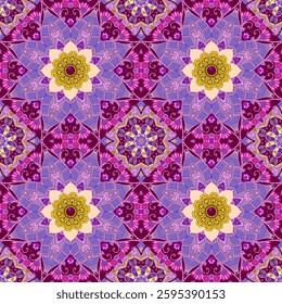 Amazing seamless ethnic pattern with mandalas and flowers in lilac tones.