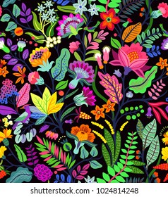 Amazing seamless floral pattern with bright colorful flowers and tropic leaves on a black background. The elegant the template for fashion prints. Modern floral background. Trendy Folk style.