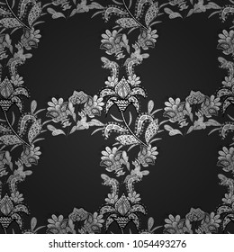 Amazing seamless floral pattern with bright colorful flowers and leaves on a gray, white and black colors. Folk style. The elegant the template for fashion prints. Modern floral background.