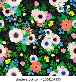 Amazing seamless floral pattern with bright colorful flowers and leaves on a blue background. The elegant the template for fashion prints. Modern floral background. Folk style.