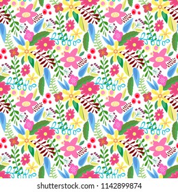 Amazing seamless floral pattern with bright colorful flowers and leaves on a white background. The elegant the template for fashion prints. Modern floral background. Folk style