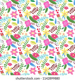 Amazing seamless floral pattern with bright colorful flowers and leaves on a white background. The elegant the template for fashion prints. Modern floral background. Folk style