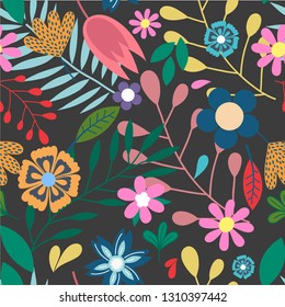 Amazing seamless floral pattern with bright colorful flowers and leaves on a dark background. The elegant the template for fashion prints. Modern floral background. Folk style. Textile. Scrapbooking.