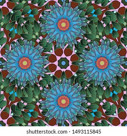 Amazing seamless floral pattern with bright colorful flowers and leaves on a brown, green and blue colors. Modern floral background. Folk style. The elegant the template for fashion prints.