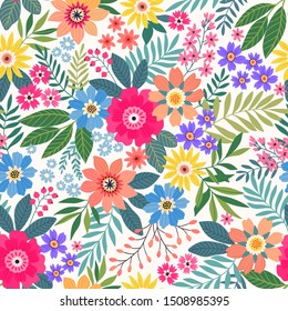 Amazing seamless floral pattern with bright colorful flowers and leaves on a white background. The elegant the template for fashion prints. Modern floral background. Folk style.