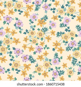Amazing seamless floral pattern with bright colorful small flowers. Folk style millefleurs. Elegant template for fashion prints. 