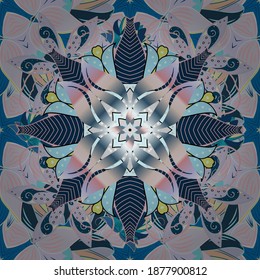 Amazing seamless floral pattern with bright colorful flowers and leaves on a blue, neutral and gray colors. Folk style. The elegant the template for fashion prints. Modern floral background.