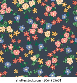 Impresionante patrón floral sin costuras con flores pequeñas coloridas brillantes. Millefleurs al estilo popular. Fondo de planta para textiles, papel pintado, rellenos de patrones, cubiertas, superficie, impresión, envoltura, scrapbooking,desacoplamiento