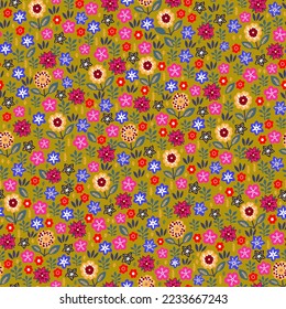 Erstaunlich nahtlose Blumenmuster mit hellen, mehrfarbigen Blumen und Blättern auf warmen grünem Hintergrund. Eine elegante Vorlage für modische Drucke. Moderner floraler Hintergrund. Folk-Stil.