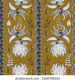 Amazing seamless floral pattern with bright colorful flowers and leaves on a brown, black and white colors. Modern floral background. The elegant the template for fashion prints. Folk style.
