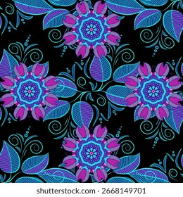 Incrível padrão floral sem costura com flores coloridas brilhantes e folhas em cores agradáveis. O modelo elegante para impressões de moda. Fundo floral moderno. Estilo popular. Folhas. Azul. Escuro.