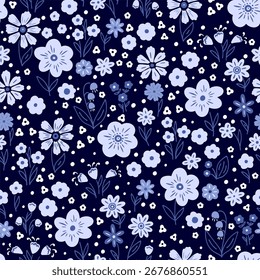 Increíble patrón floral sin fisuras con brillantes flores y hojas de colores sobre un fondo azul. 