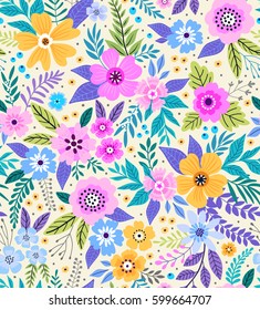 Amazing seamless floral pattern with bright colorful flowers  and leaves on a white background. The elegant the template for fashion prints. Modern floral background. Folk style.