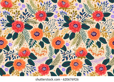 Amazing seamless floral pattern with bright colorful flowers and leaves on a white background. The elegant the template for fashion prints. Modern floral background. Folk style