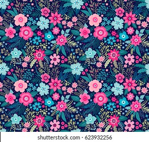 Padrão floral sem costura incrível com flores coloridas brilhantes e folhas em um fundo azul escuro. O elegante modelo para estampas de moda. Fundo floral moderno. Estilo folclórico