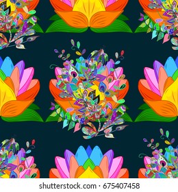 Amazing seamless floral pattern with bright colorful flowers and leaves on a blue, orange and green colors. Folk style. The elegant the template for fashion prints. Modern floral background.