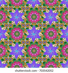 Amazing seamless floral pattern with bright colorful flowers and leaves on a colored background. Folk style. The elegant the template for fashion prints. Modern floral background.
