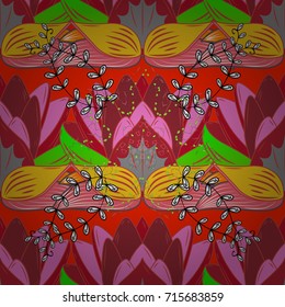 Amazing seamless floral pattern with bright colorful flowers and leaves on a red, pink and yellow background. Modern floral background. Folk style. The elegant the template for fashion prints.