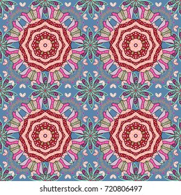 Amazing seamless floral pattern with bright colorful flowers and leaves on a neutral, blue and red colors. Modern floral background. Folk style. The elegant the template for fashion prints.