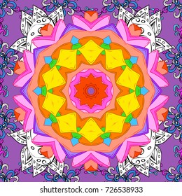 Amazing seamless floral pattern with bright colorful flowers and leaves on a violet, orange and pink colors. Modern floral background. Folk style. The elegant the template for fashion prints.