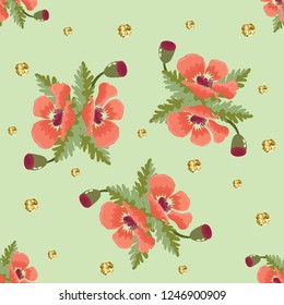 Amazing seamless floral pattern made of poppies on green background with glitter circles
