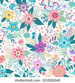 Amazing seamless floral pattern with pastel colorful flowers and leaves on a white background. The elegant the template for fashion prints. Modern floral background. Folk style.