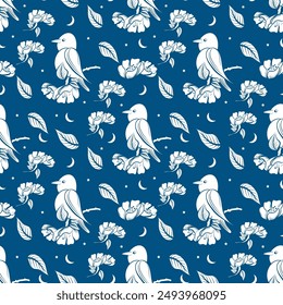 Amazing seamless floral pattern. White flowers, bird and leaves on a dark blue background. The elegant template for fashion prints. Modern floral background. Folk style