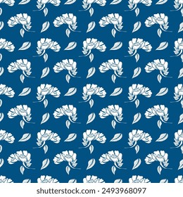 Increíble patrón floral sin fisuras. Flores blancas y hojas sobre un fondo azul oscuro. La elegante Plantilla para estampados de moda. Fondo floral moderno. estilo Folk