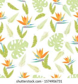 Amazing seamless flower pattern - Royal Strelitzia. The flower is made in orange, blue among tropical leaves on a white background. This pattern can be used for fabrics, for t-shirts, wallpapers.