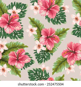 Amazing Seamless Hawaiian Flowers Vector Pattern Background.
