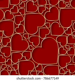 Amazing seamless pattern, background with paper cut out golden hearts on dark red background. Vector illustration