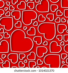 Amazing seamless pattern, background with white paper cut out hearts on red background. Vector illustration