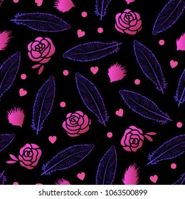 Amazing seamless pattern with bright colorful flowers and feather on a dark background. The elegant the template for fashion prints. Folk style.