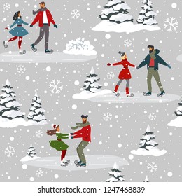 Amazing seamless pattern for Christmas and New Year with couples on skating. Amazing winter holiday card. Vector illustration