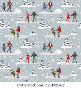 Amazing seamless pattern for Christmas and New Year with couples on skating. Amazing winter holiday card. Vector illustration