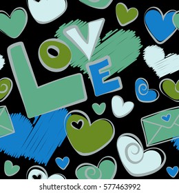 Amazing seamless pattern for design, fashion, stationery. Vector seamless doodle pattern in romantic gray and green colors on a black background. Abstract letter, hearts.