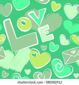 Amazing seamless pattern for design, fashion, stationery. Vector seamless doodle pattern in romantic green colors. Abstract letter, hearts.