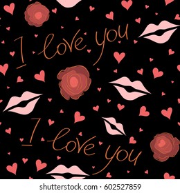 Amazing seamless pattern for design, fashion, stationery. Vector seamless doodle pattern in romantic orange, neutral and pink colors on a black background. Exotic flower, letter, hearts.