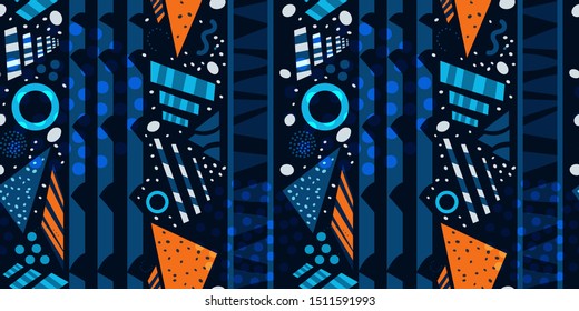 Amazing seamless pattern with different geometric shapes, circles, vertical stripes... Abstract geometric background in blue and orange, bright colours, Wallpaper, fashion template. Creative vector.