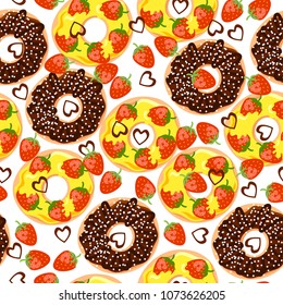 Amazing seamless pattern with donuts, strawberry, cream and chocolate hearts. Delicious background with yummy dessert. 