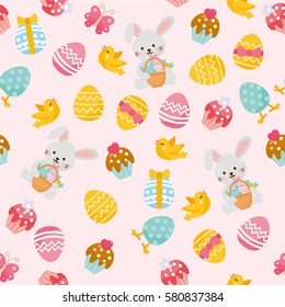 Amazing seamless pattern for Easter Holiday. Illustration with rabbit, cakes and Easter egg. Background for fabric print, texture and wrapping paper.