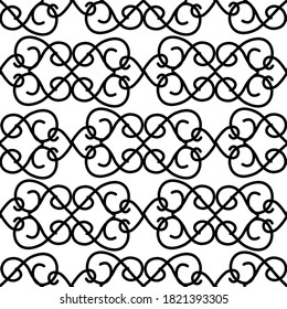 Amazing seamless pattern of geometric black calligraphic curls, ornaments on a white background. Vintage prints. Stock vector illustration for decor and design, wallpaper, wrapping paper, fabric.