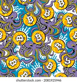 Amazing seamless pattern with octopuses juggling bitcoins