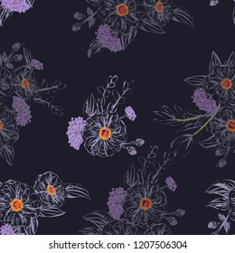 Amazing seamless plant pattern in contour flowers. Floral cute background for textile, wallpaper, covers, surface, print, gift wrap, scrapbooking, decoupage.