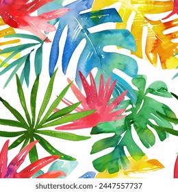 Amazing seamless tropical pattern. exotic leaves in watercolor splash.  Seamless graphic design with palms leaves for Fashion, interior, wrapping, packaging suitable. 