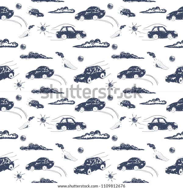 Amazing seamless vector car pattern. Baby ornament with\
toy machine. illustration concept,  fashion,  bright,  shape, \
travel,  fun,  