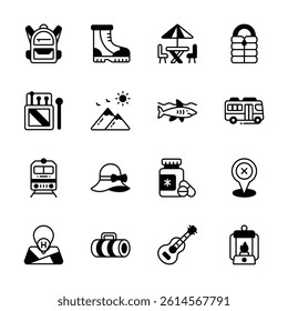 An amazing set of icons, perfect for representing various outdoor recreation and travel themes.