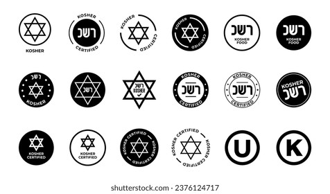 Amazing Set of Kosher Certified symbols. International symbols of kosher food. Packaging concept.