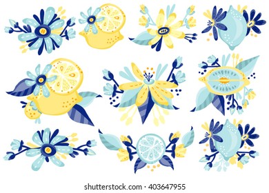 Amazing set of vector templates with floral frames and labels in fantastic colors.